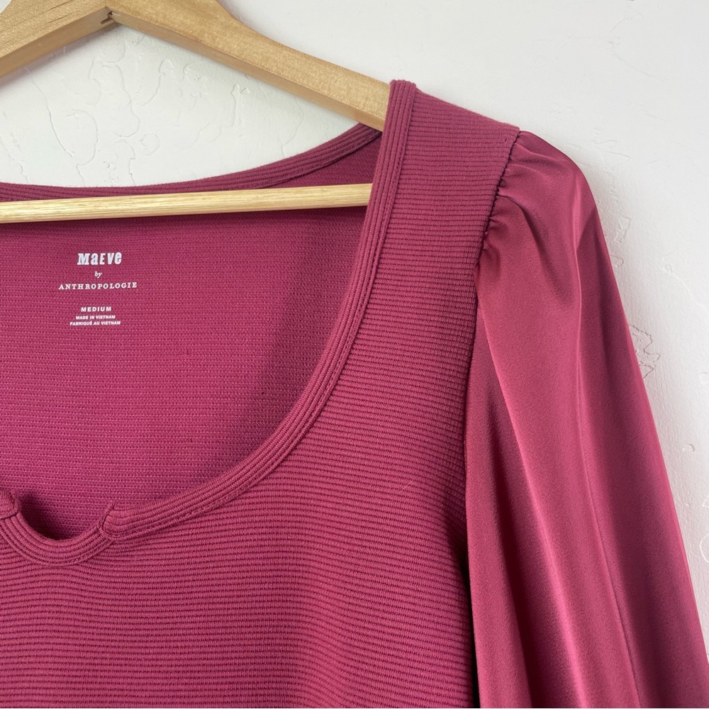 Maeve by Anthropologie Ribbed Tiered Long Sleeve Top in Burgundy Size Medium NEW - Picture 7 of 16
